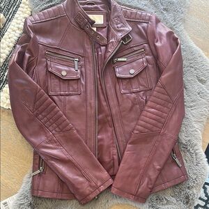 Michael Kors Burgundy Leather Jacket with Zipper Details